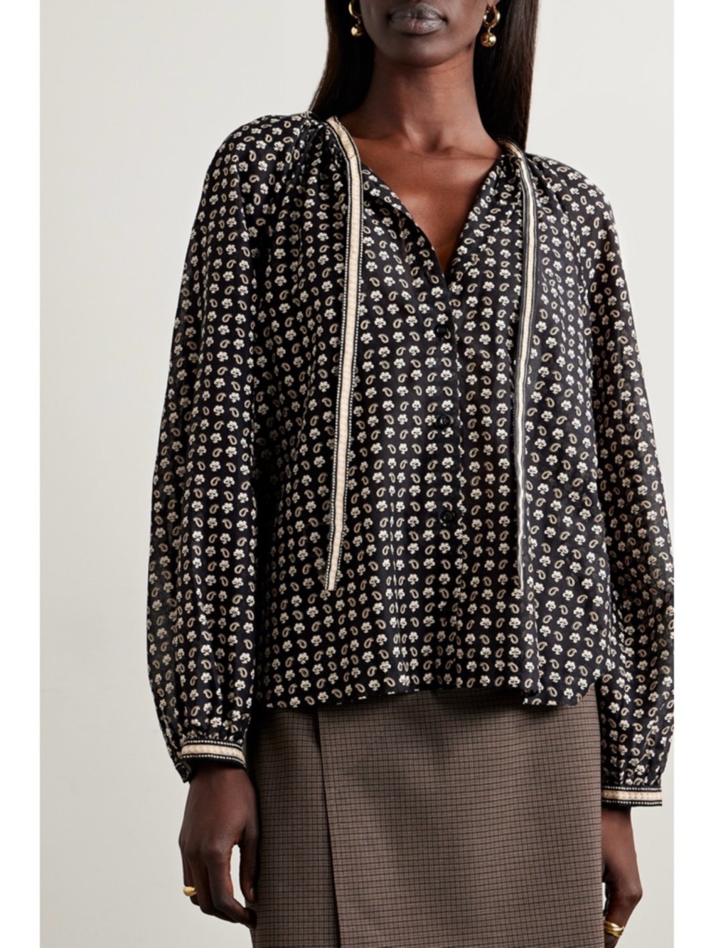 Doen Black with Cream Accents Tie-Neck Peasant Blouse